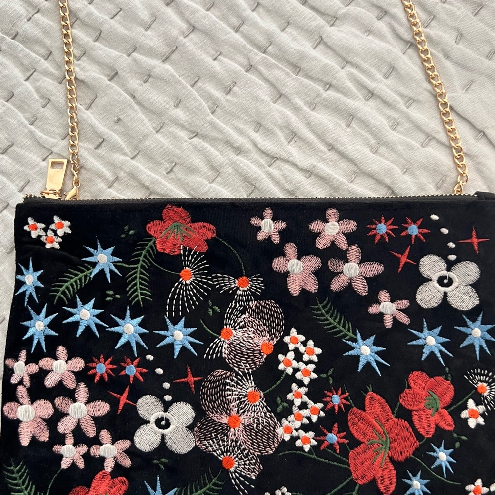 Floral Embroidered Black Bag with Gold Chain